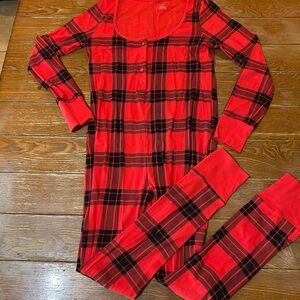 Victorias Secret Pink One Piece Pajama Cozy Sleep Red & Black Plaid Bling M
